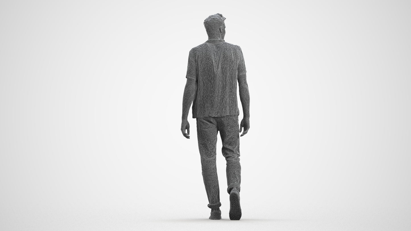 realistic 3D human man casual walking, archviz people FBX OBJ for Blender, wireframe front view