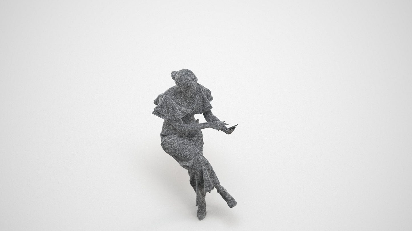 3D scanned woman sitting business, photorealistic archviz people for Enscape and SketchUp, wireframe three-quarter view