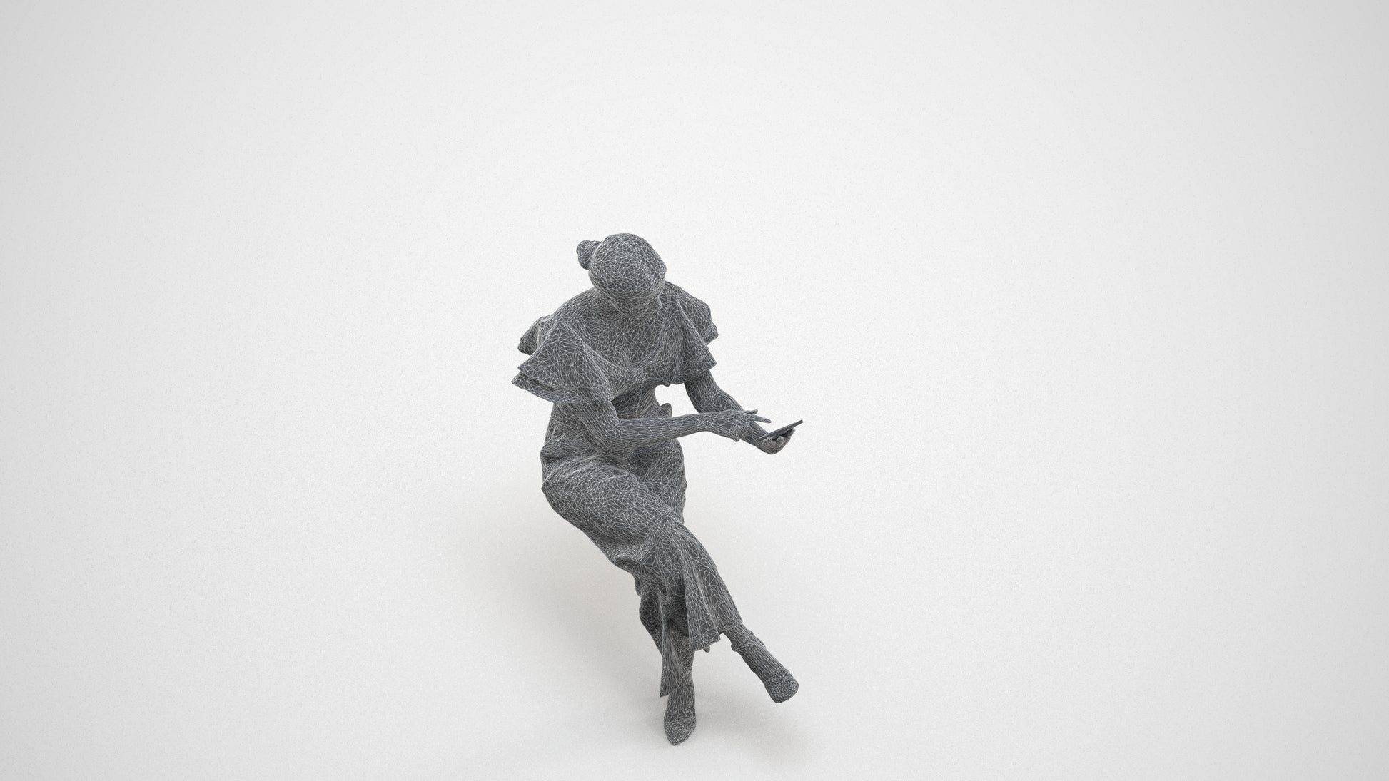 3D scanned woman sitting business, photorealistic archviz people for Enscape and SketchUp, wireframe three-quarter view
