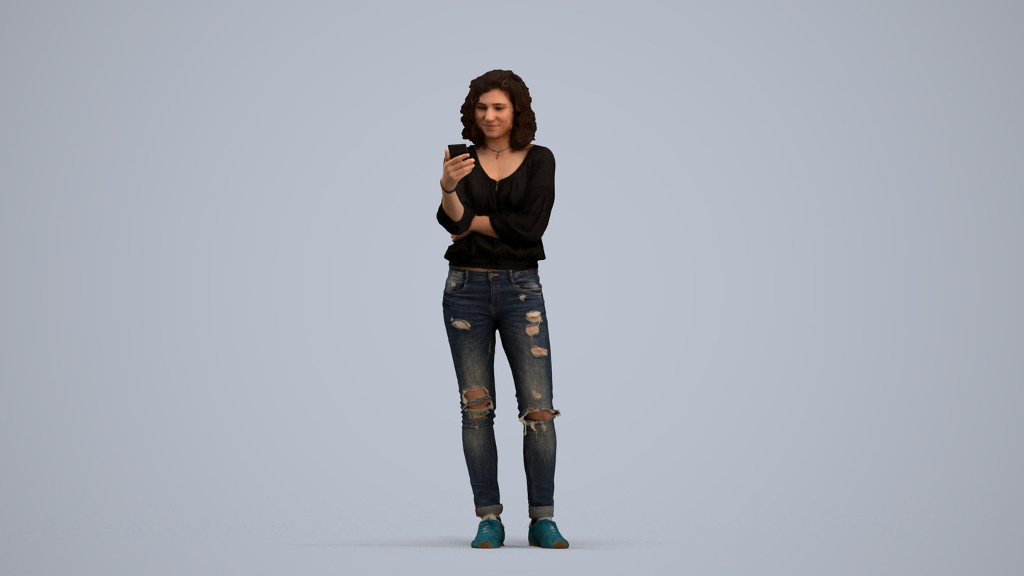 3D human model woman casual standing, photogrammetry scanned person for archviz, standing pose render