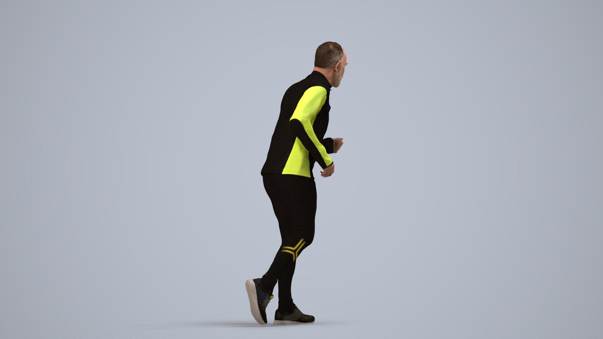 realistic 3D senior man sport, scanned archviz people for Blender and 3ds Max, side view render