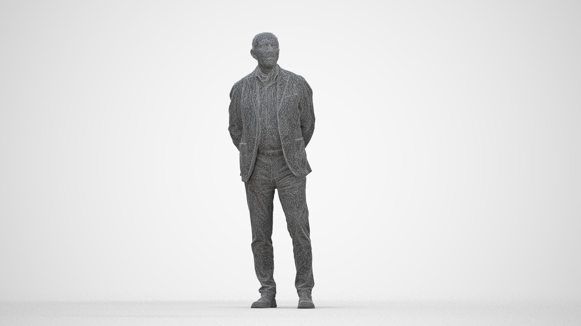 realistic 3D human senior man business standing, archviz people FBX OBJ for Blender, wireframe back view