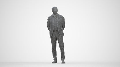 realistic 3D human senior man business standing, archviz people FBX OBJ for Blender, wireframe back view