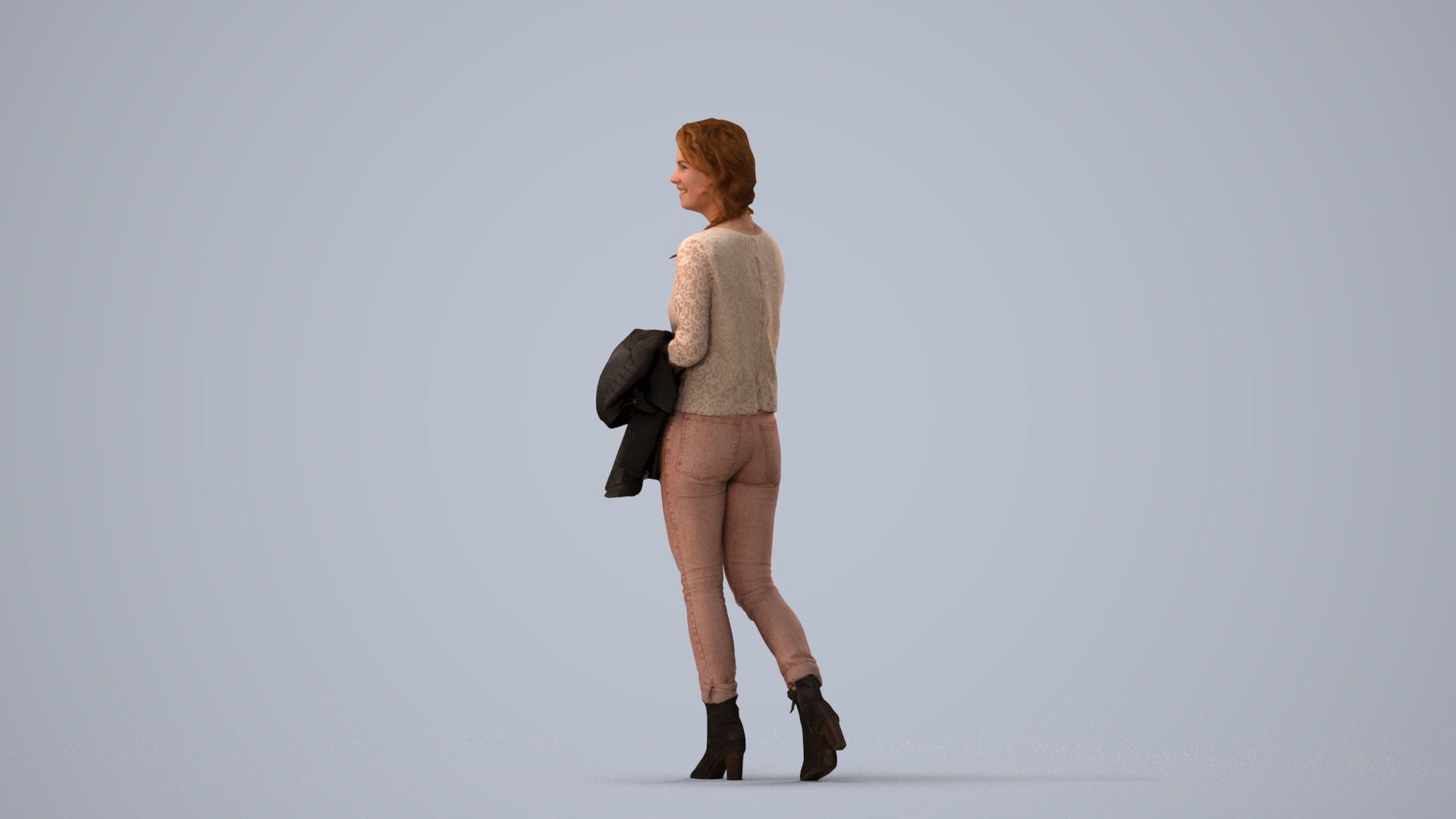3D people model woman casual walking, scanned human for 3ds Max rendering, three-quarter view render