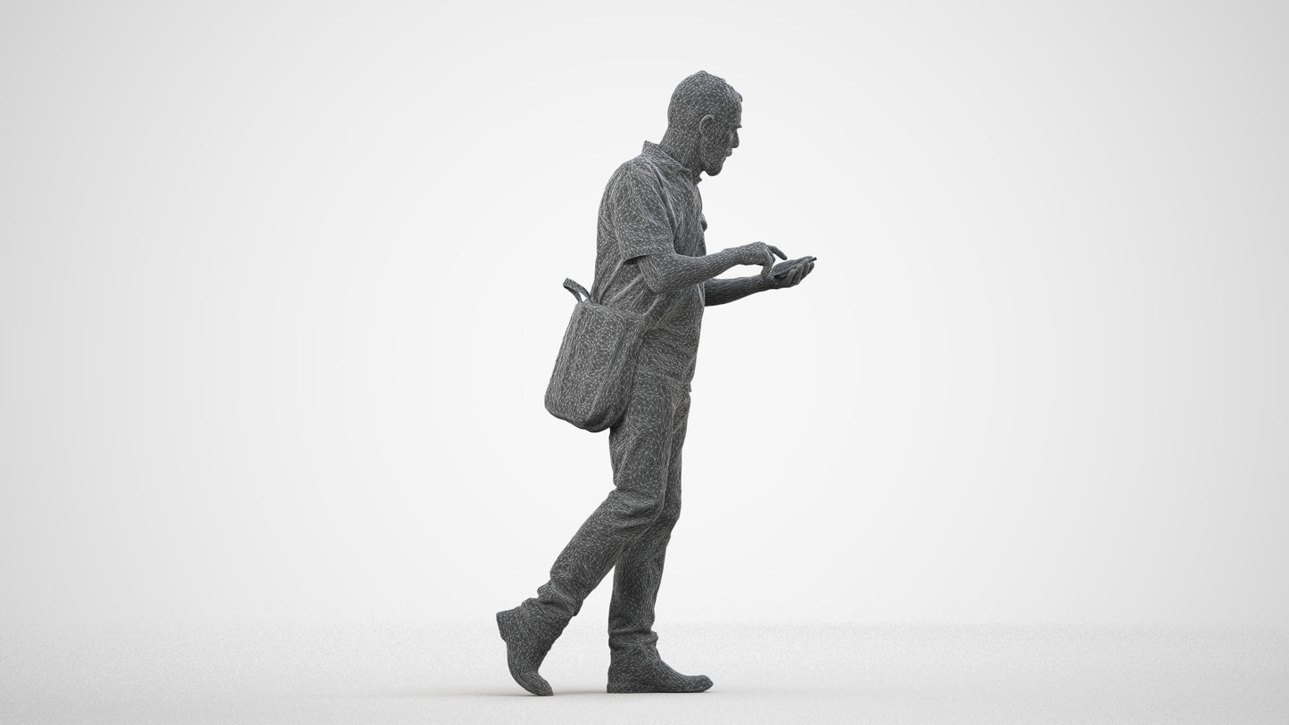 realistic 3D human senior man casual walking, archviz people FBX OBJ for Blender, wireframe side view