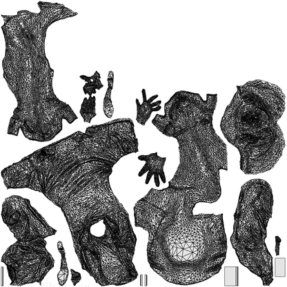 3D human model woman casual sitting, photogrammetry scanned person for archviz, wireframe top-down view