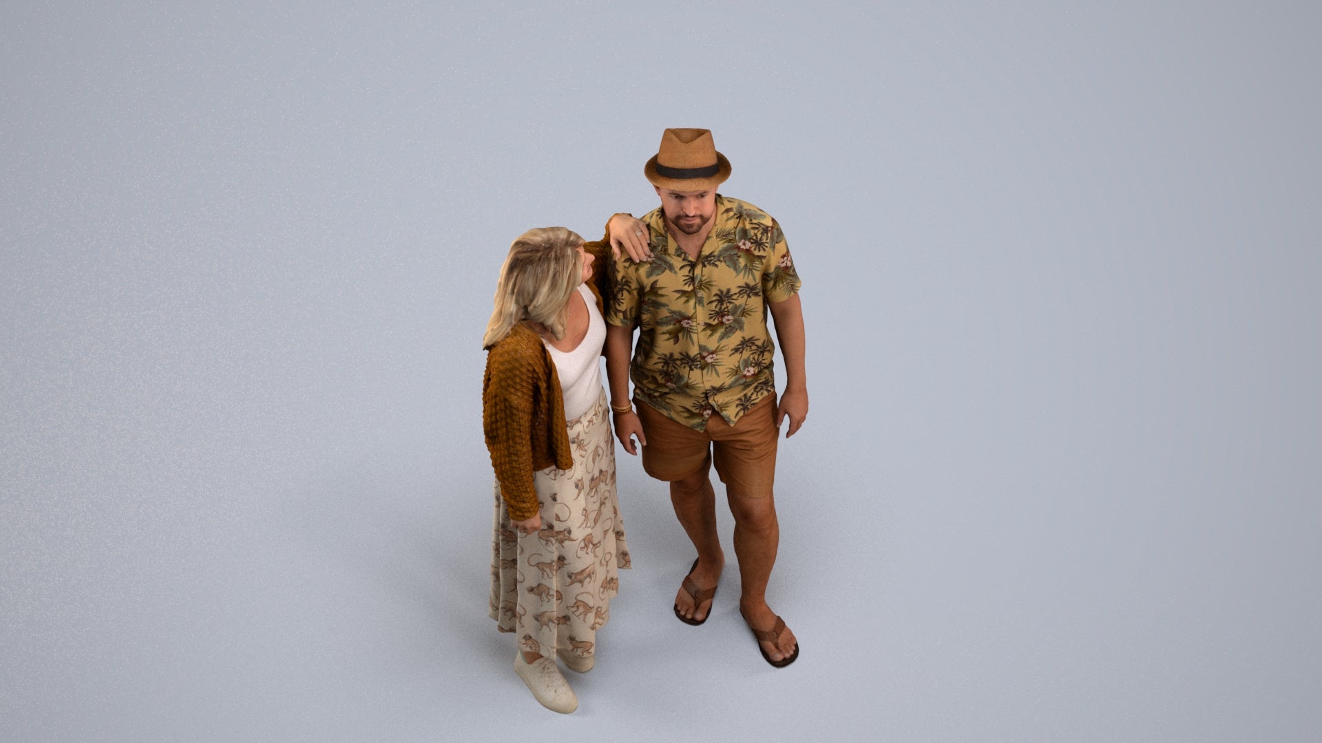 3D human model woman standing, photogrammetry scanned person for archviz, back view render