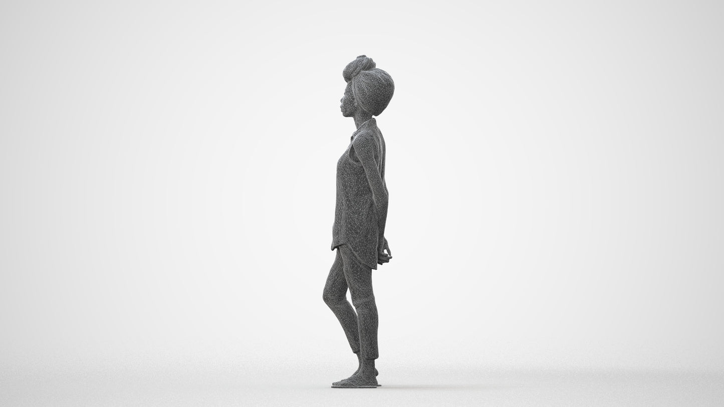 3D human model woman casual standing, photogrammetry scanned person for archviz, square thumbnail