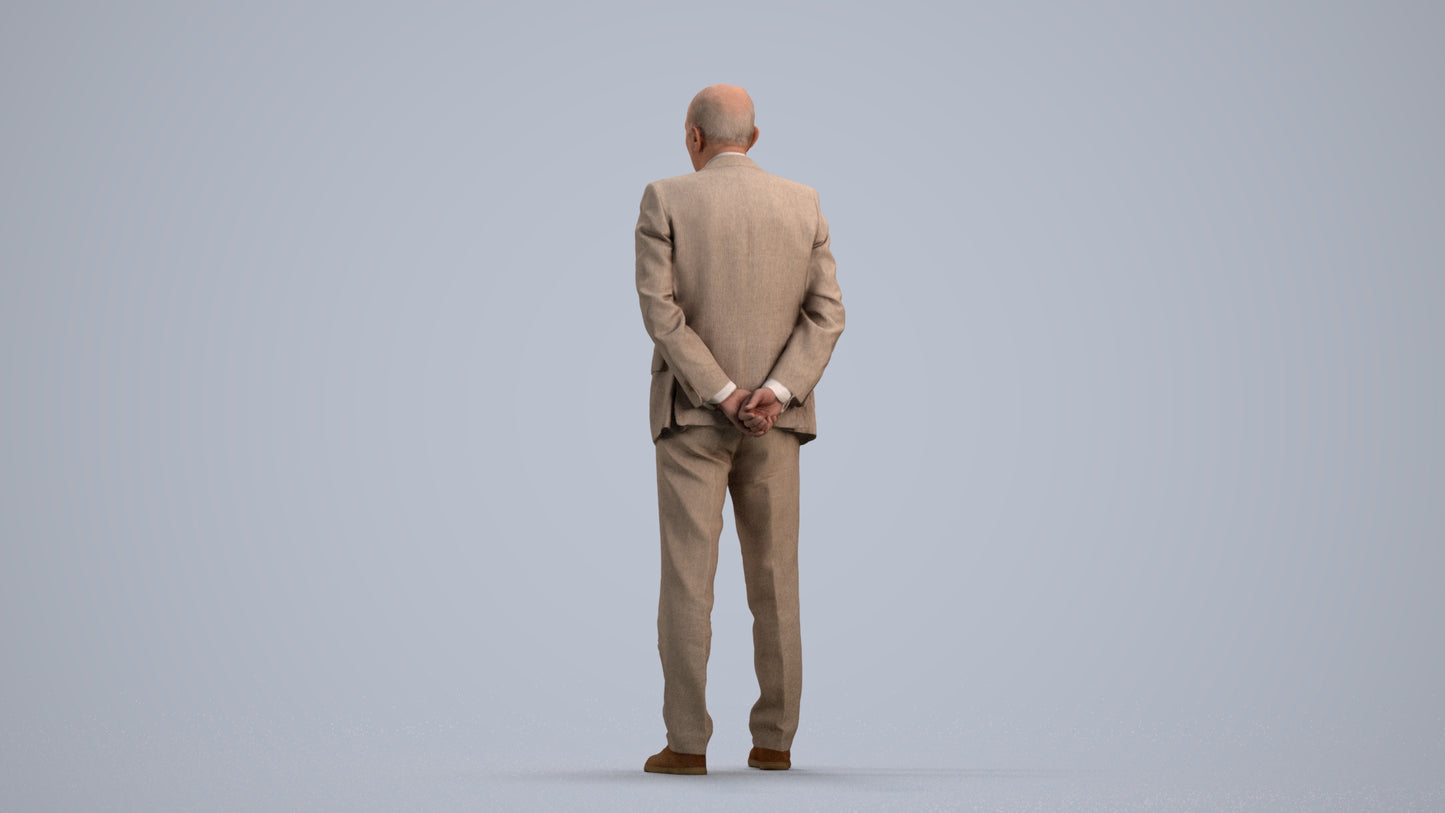 realistic 3D senior man business standing, scanned archviz people for Blender and 3ds Max, front view render