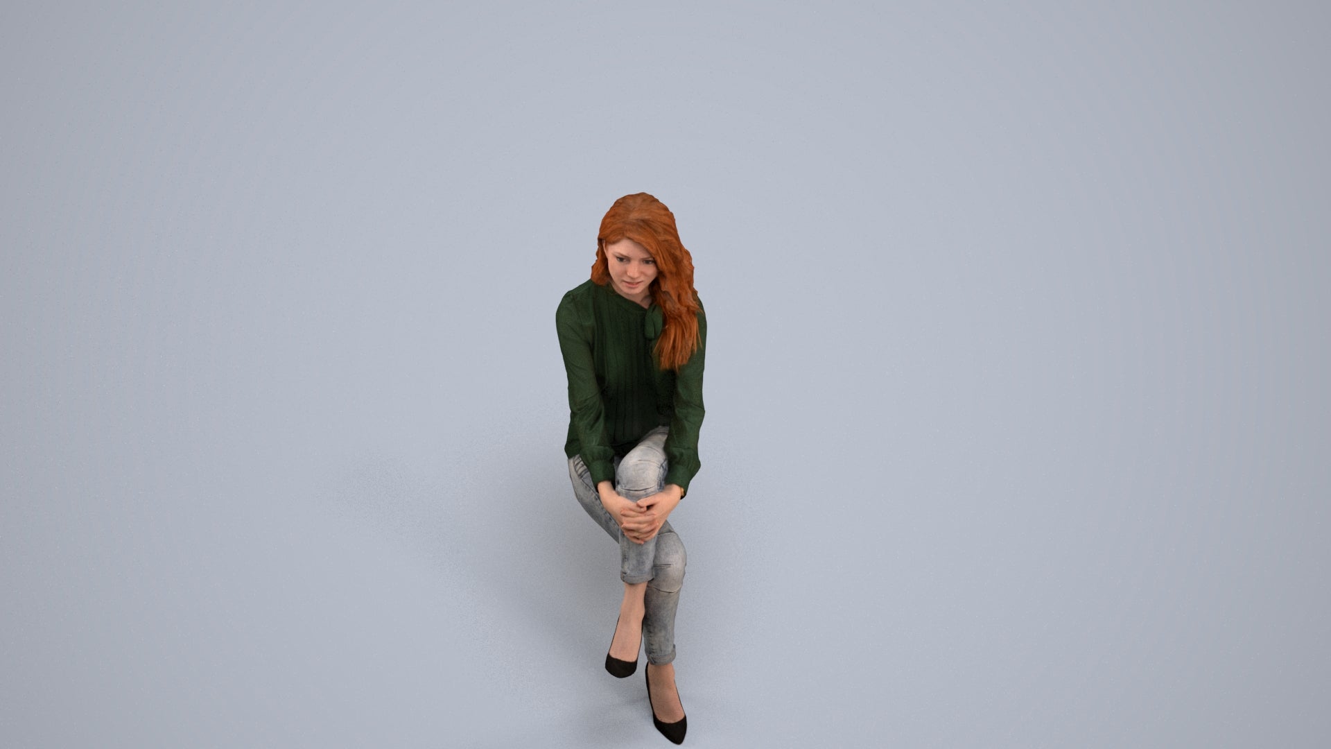 realistic 3D woman casual sitting, scanned archviz people for Blender and 3ds Max, back view render