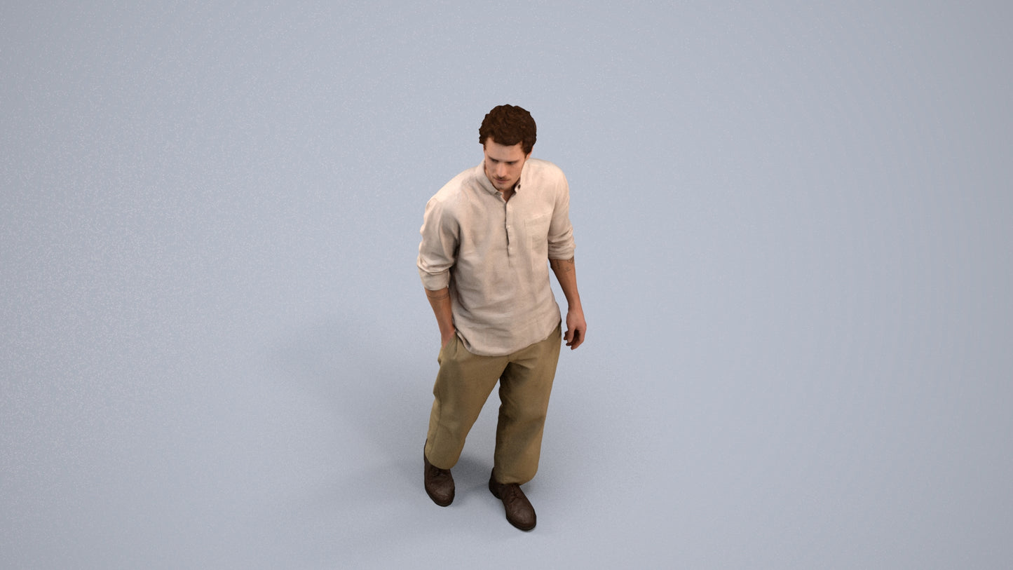 3D human model man casual walking, photogrammetry scanned person for archviz, side view render