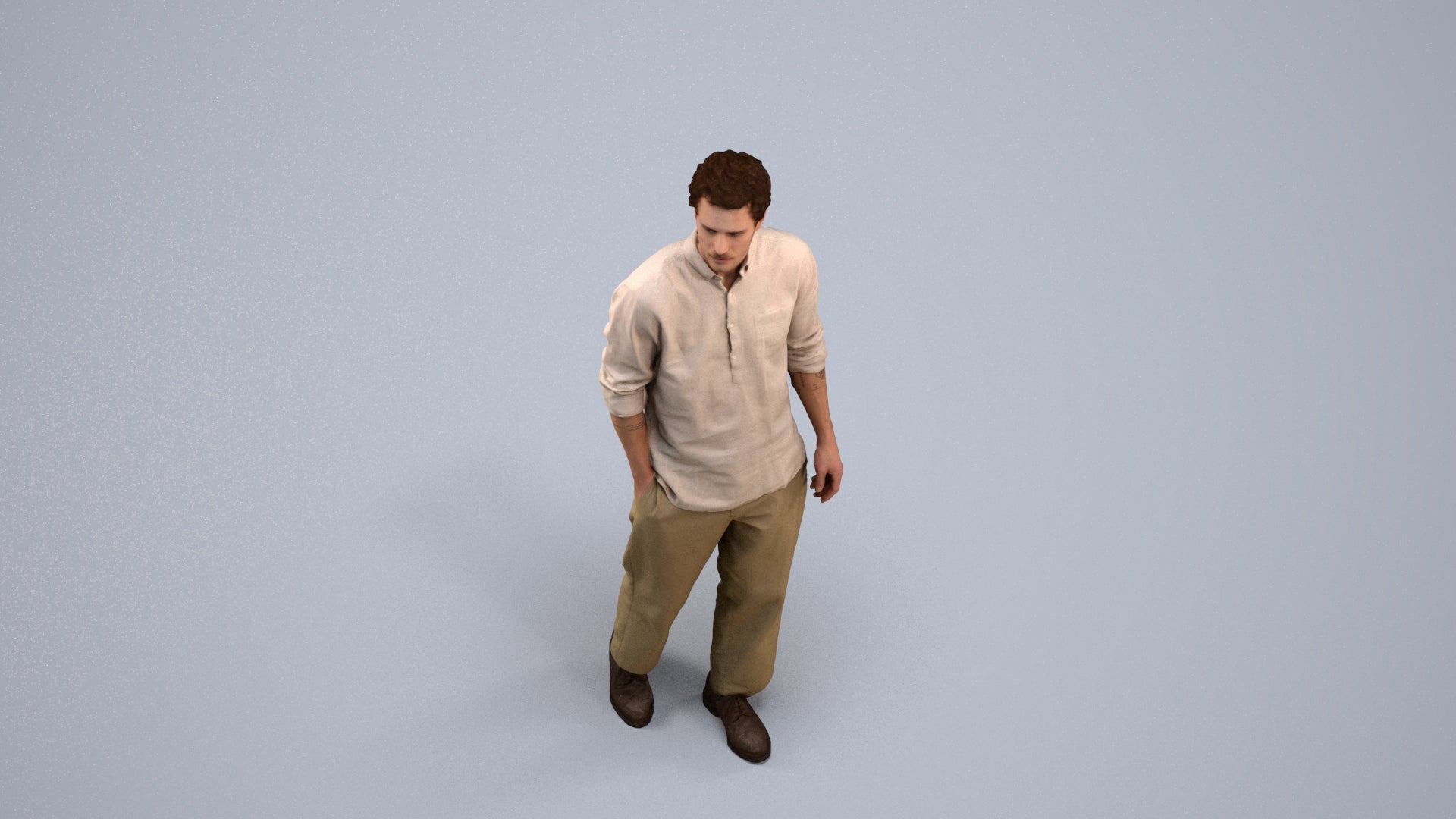 3D human model man casual walking, photogrammetry scanned person for archviz, side view render