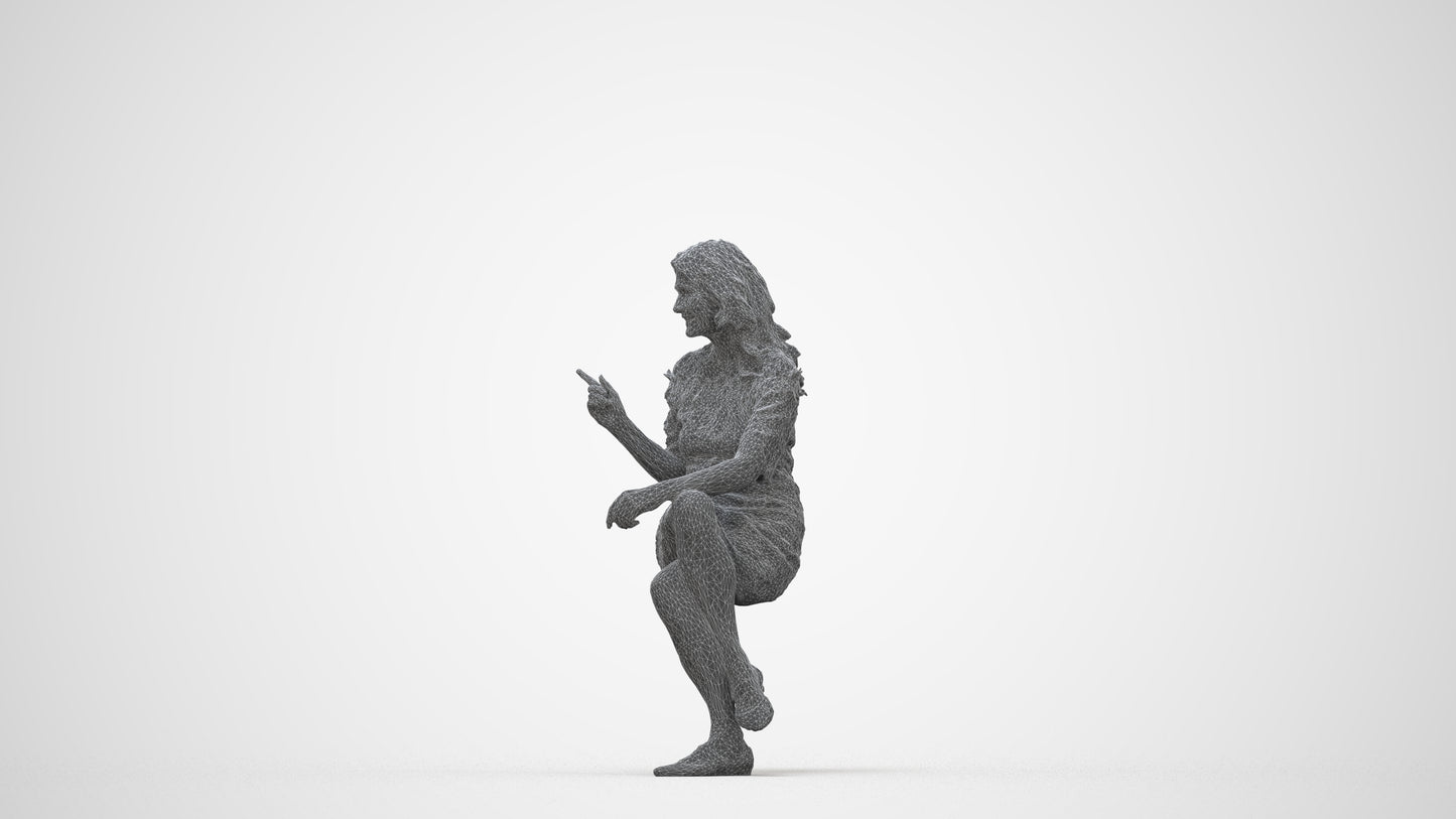 3D human model senior woman casual sitting, photogrammetry scanned person for archviz, wireframe back view