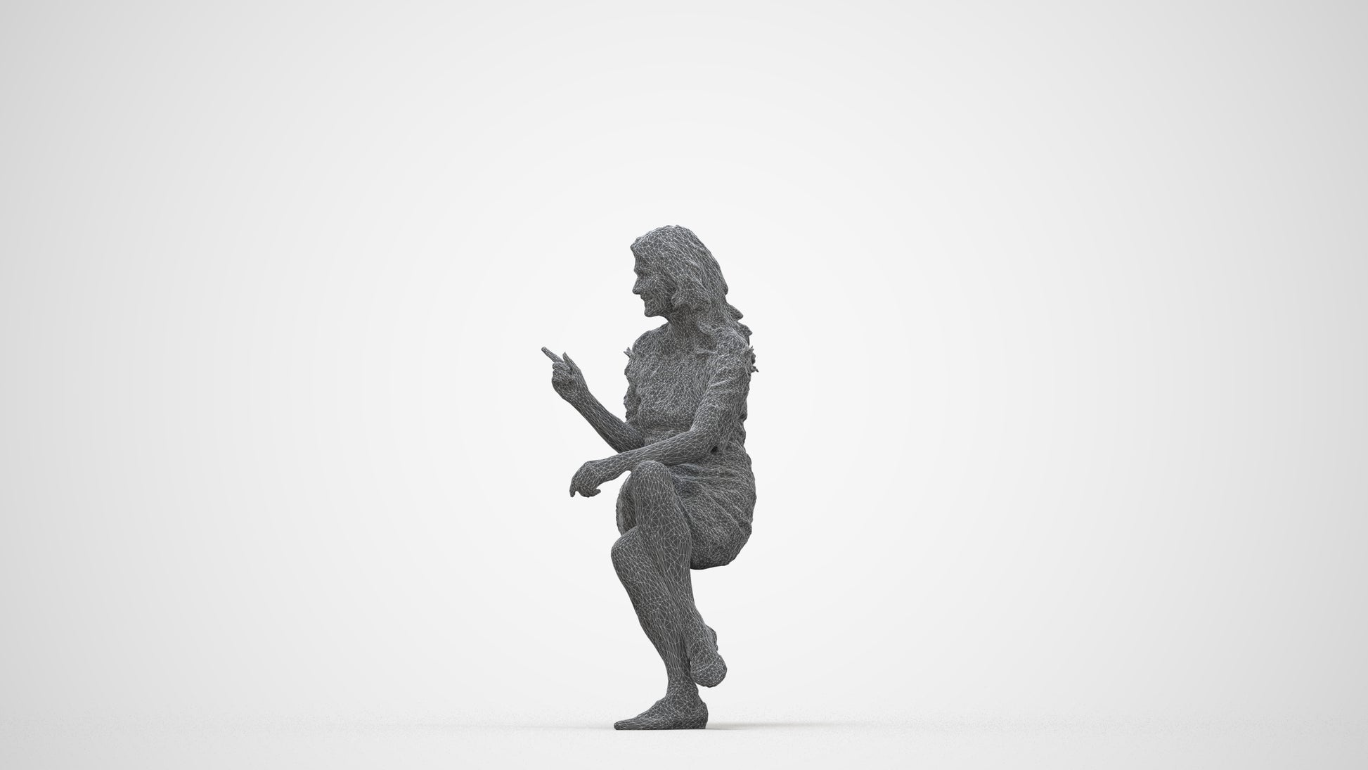 3D human model senior woman casual sitting, photogrammetry scanned person for archviz, wireframe back view