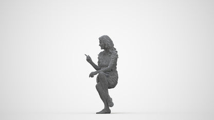 3D human model senior woman casual sitting, photogrammetry scanned person for archviz, wireframe back view