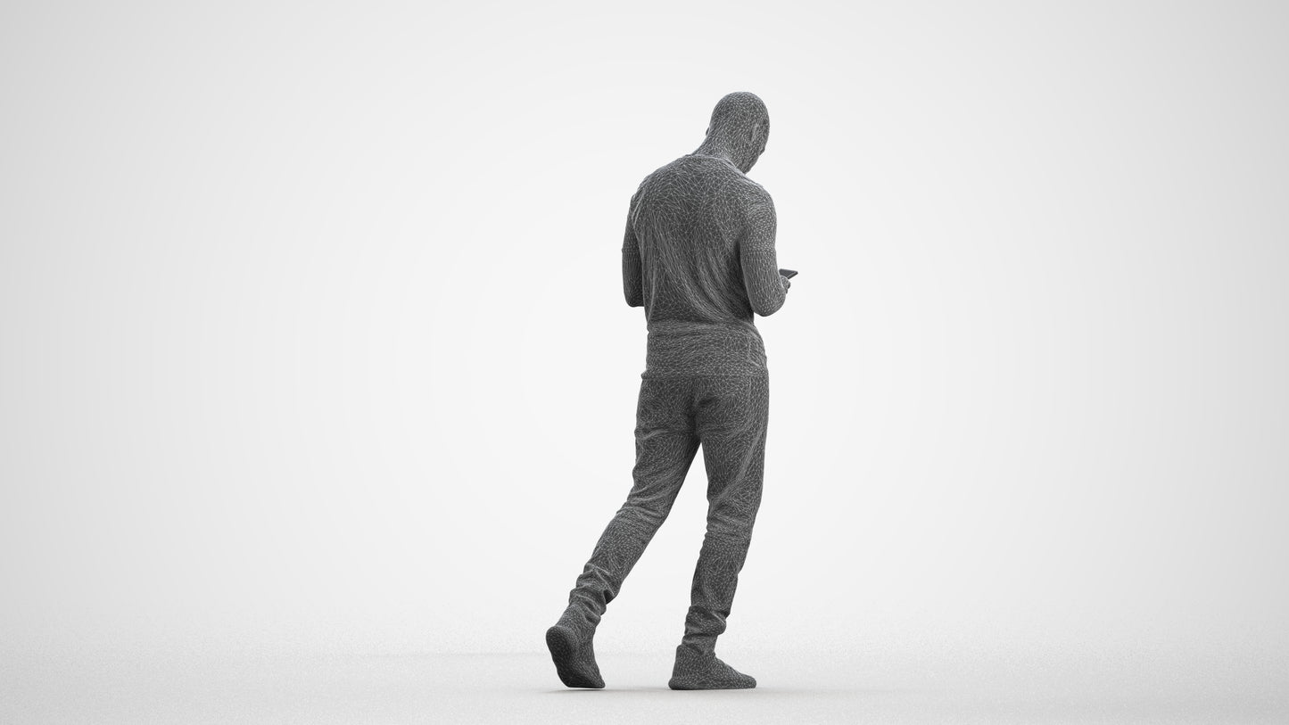 3D scanned man walking casual, photorealistic archviz people for Enscape and SketchUp, wireframe front view