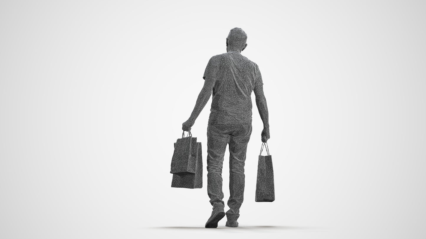photogrammetry 3D senior man casual shopping, realistic human model archviz FBX, wireframe front view
