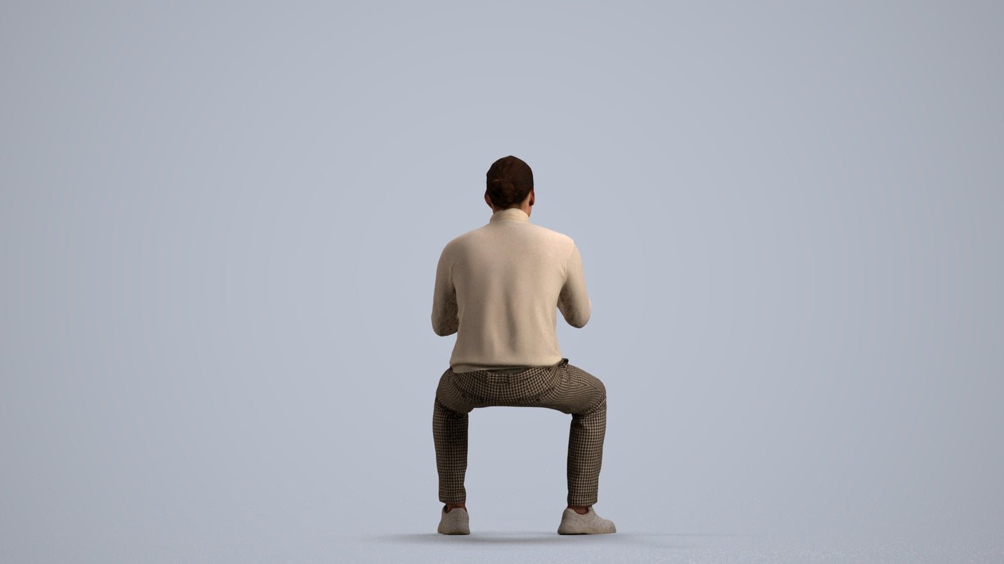 realistic 3D people man casual sitting, render-ready for V-Ray and Corona, FBX OBJ, front view render