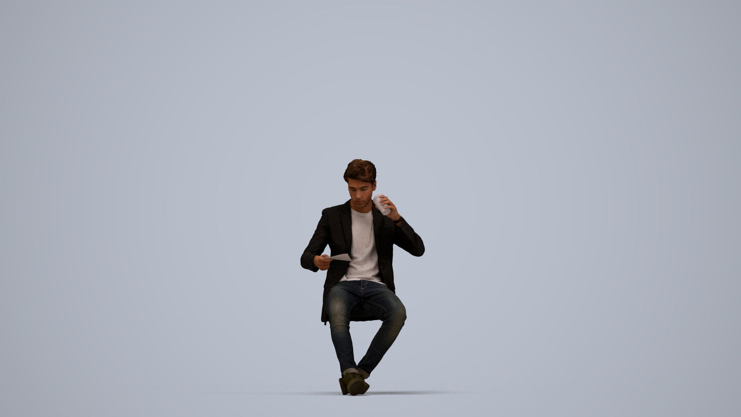 3D human model man casual sitting, photogrammetry scanned person for archviz, top-down view render