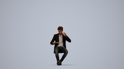 3D human model man casual sitting, photogrammetry scanned person for archviz, top-down view render