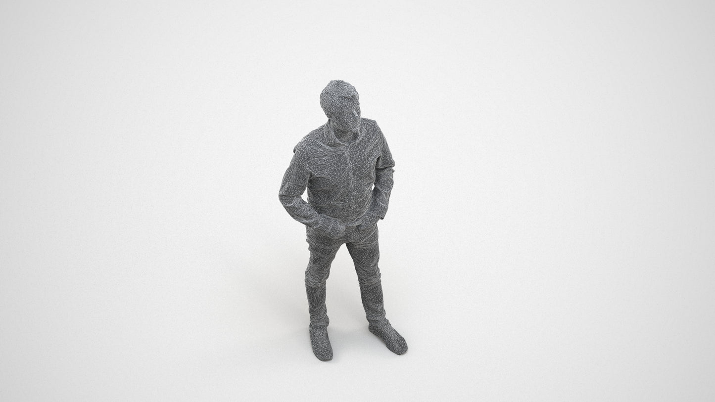 3D scanned man standing business, photorealistic archviz people for Enscape and SketchUp, wireframe three-quarter view