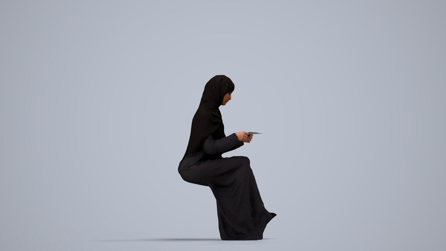 realistic 3D woman sitting, scanned archviz people for Blender and 3ds Max, side view render