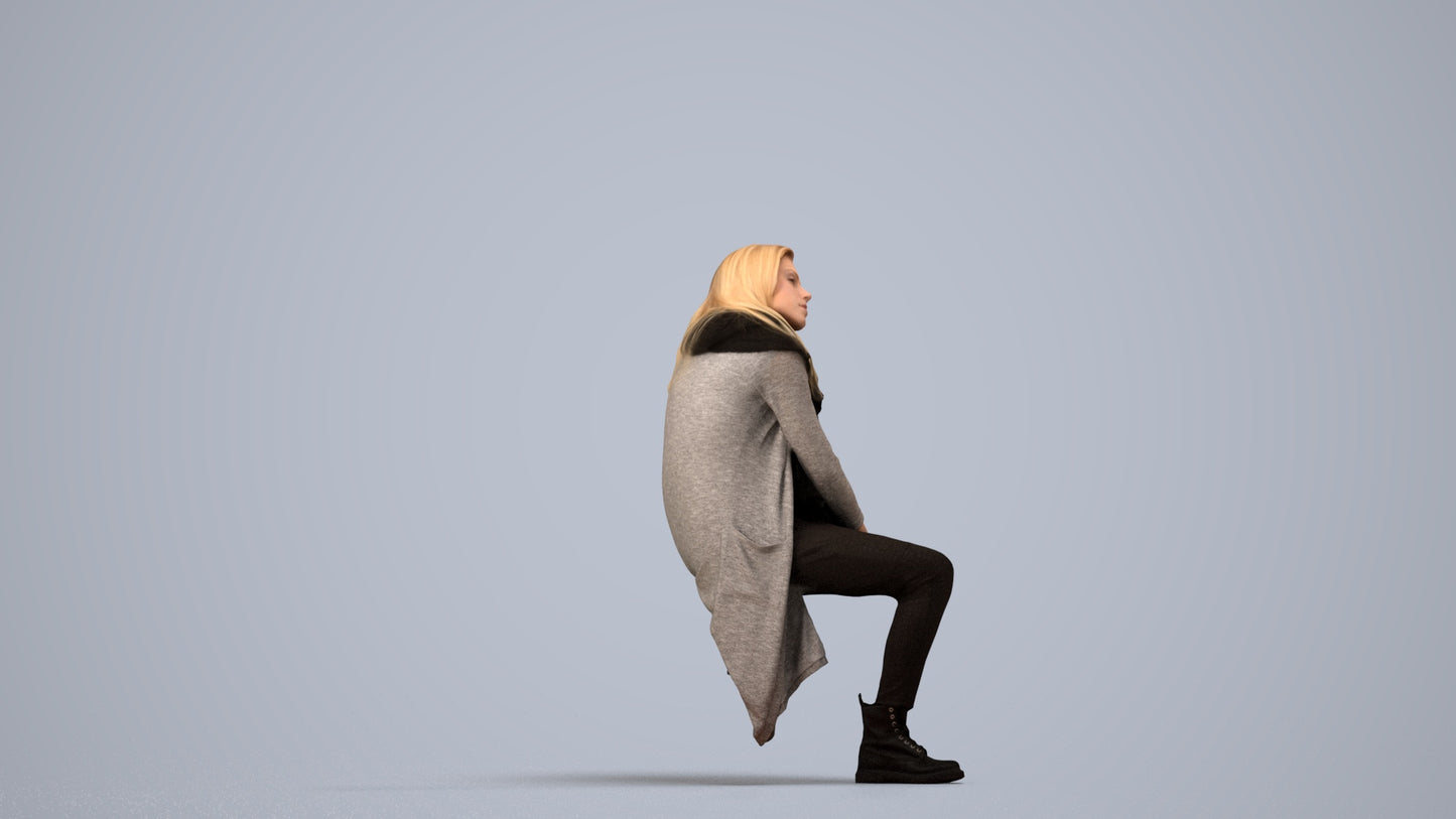 3D scanned woman sitting casual, photorealistic archviz people for Enscape and SketchUp, side view render
