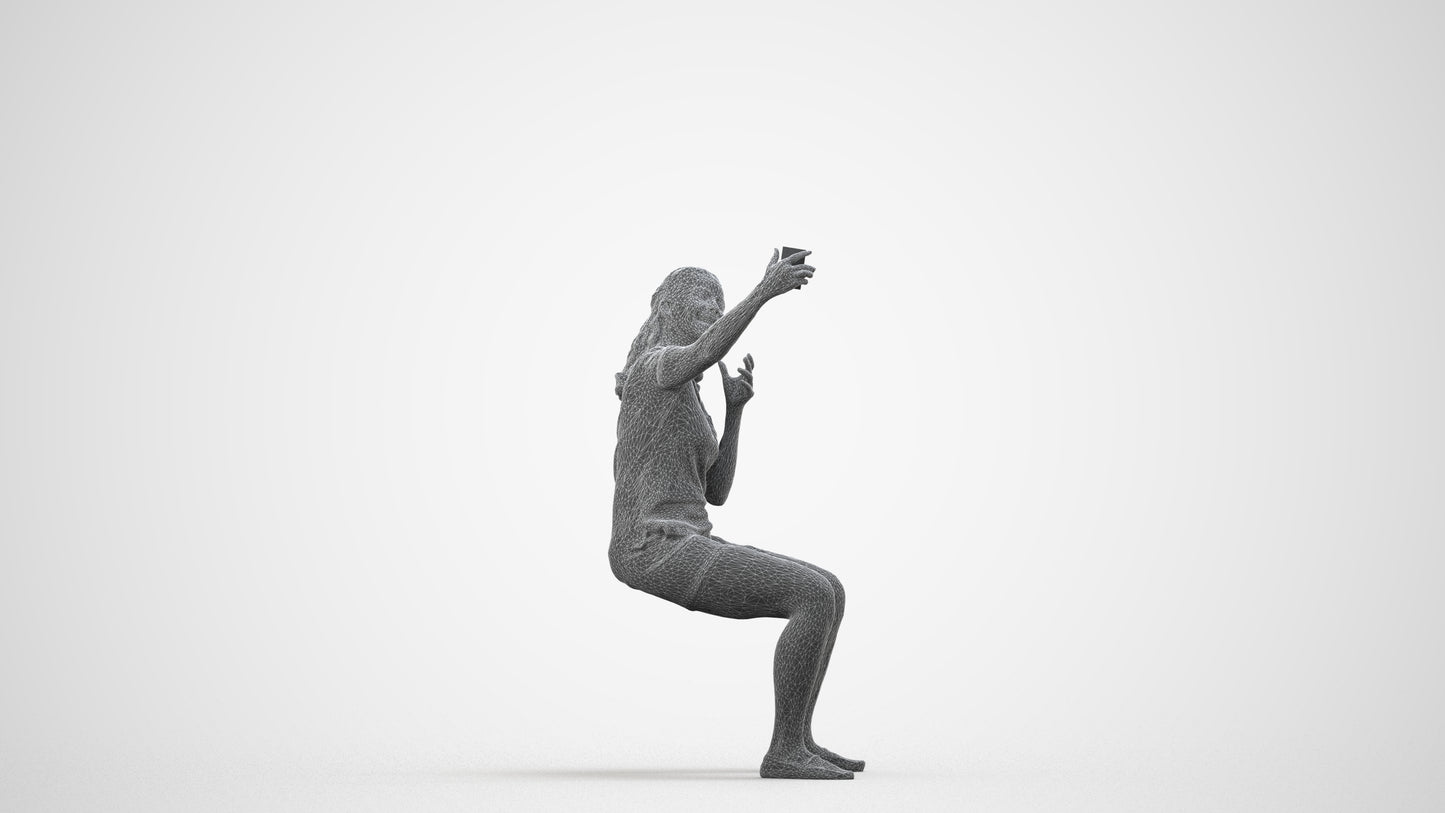 scanned 3D woman casual sitting, photogrammetry people for Enscape and V-Ray, wireframe side view