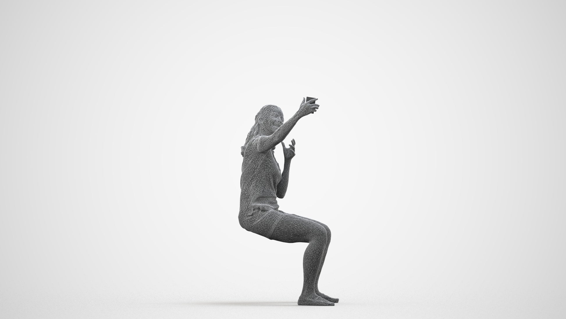 scanned 3D woman casual sitting, photogrammetry people for Enscape and V-Ray, wireframe side view