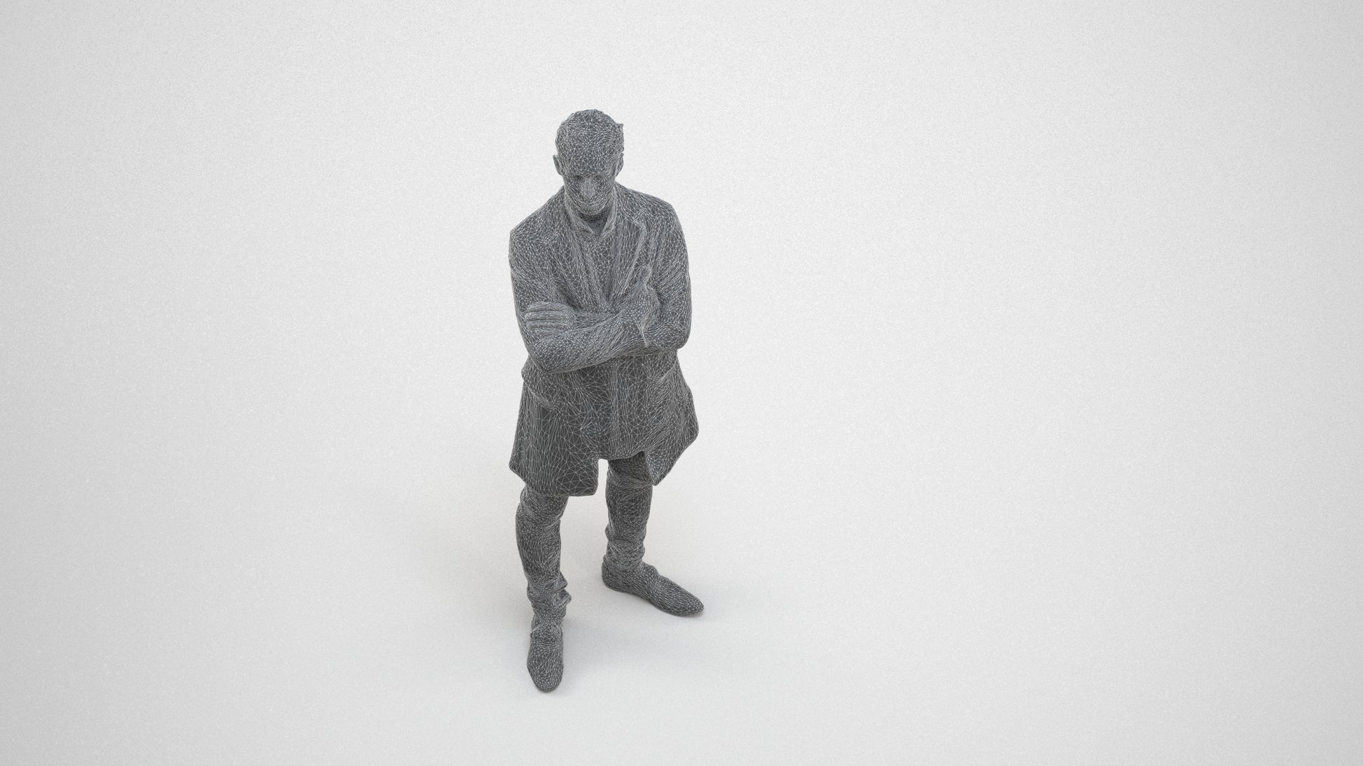 realistic 3D human man casual standing, archviz people FBX OBJ for Blender, wireframe three-quarter view