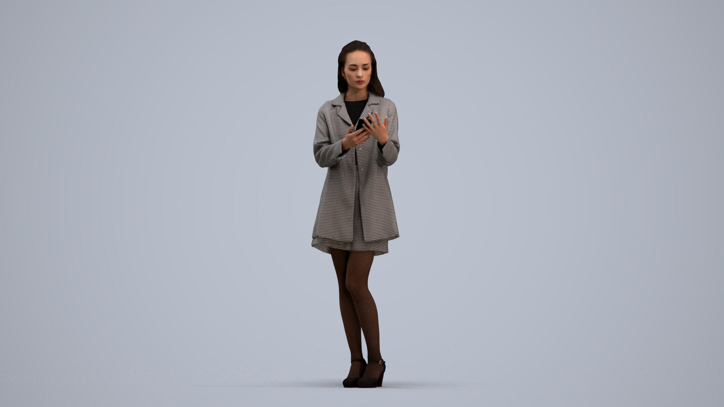 3D human model woman business standing, photogrammetry scanned person for archviz, standing pose render