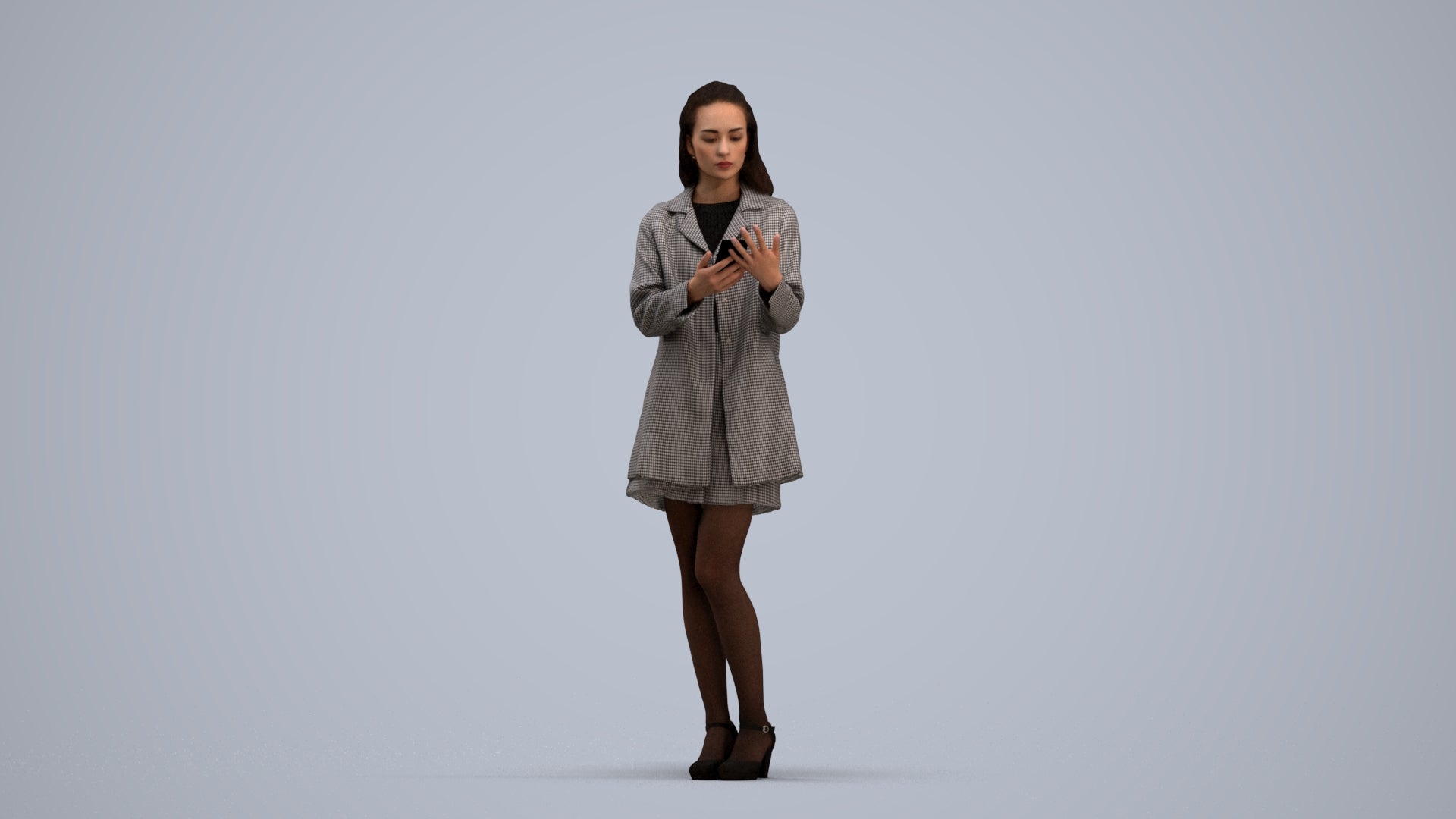 3D human model woman business standing, photogrammetry scanned person for archviz, standing pose render