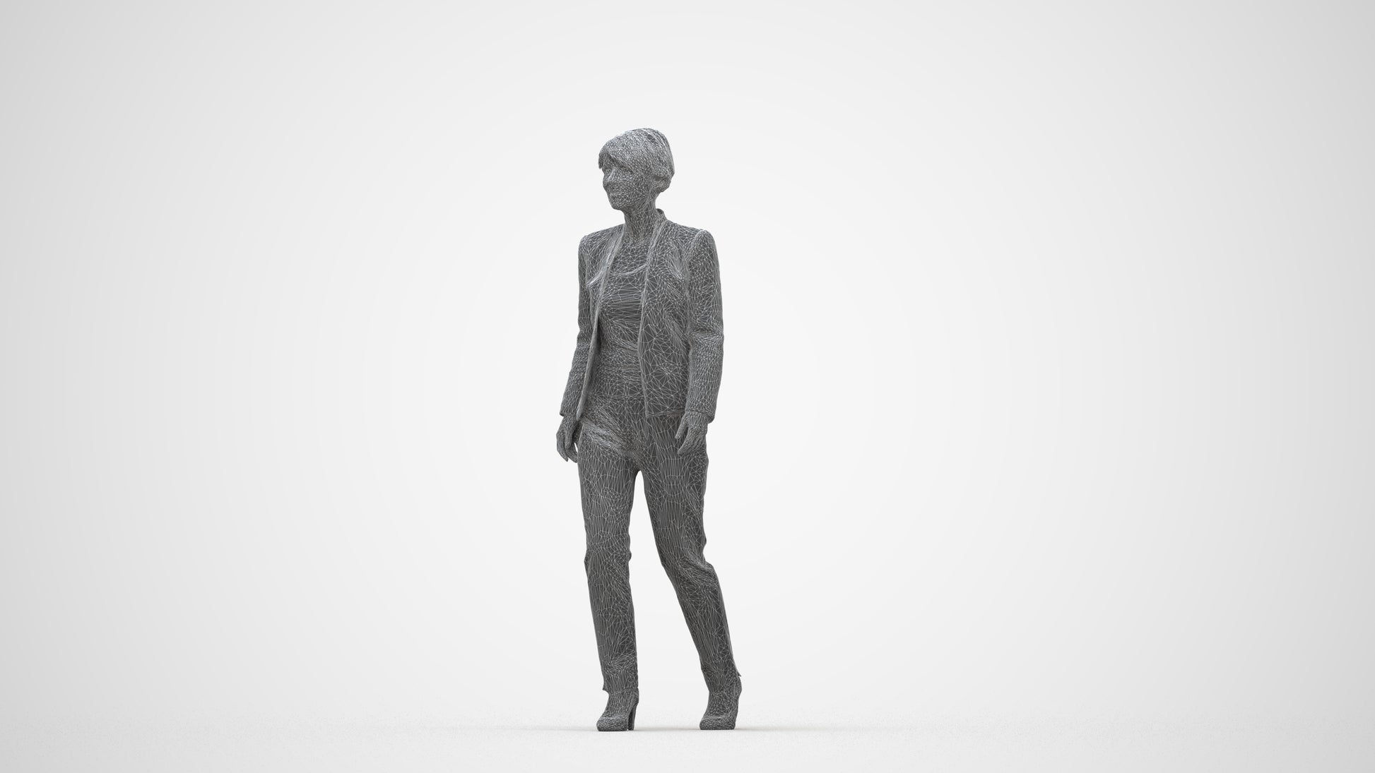 3D people model senior woman business walking, scanned human for 3ds Max rendering, wireframe back view