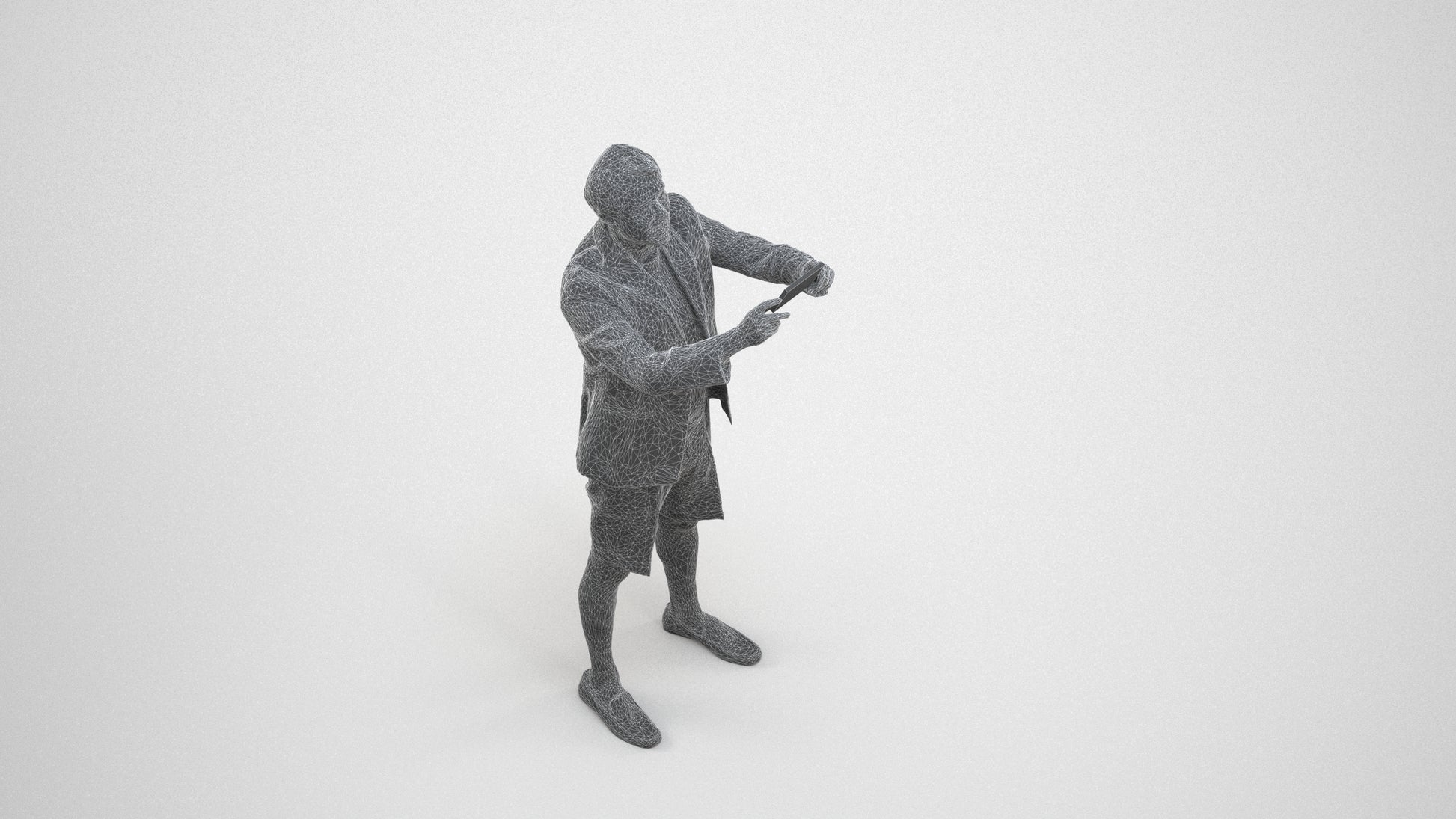 3D scanned man standing business, photorealistic archviz people for Enscape and SketchUp, wireframe three-quarter view
