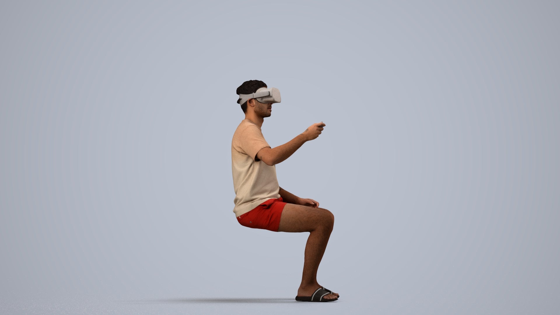 3D human model man casual sitting, photogrammetry scanned person for archviz, side view render