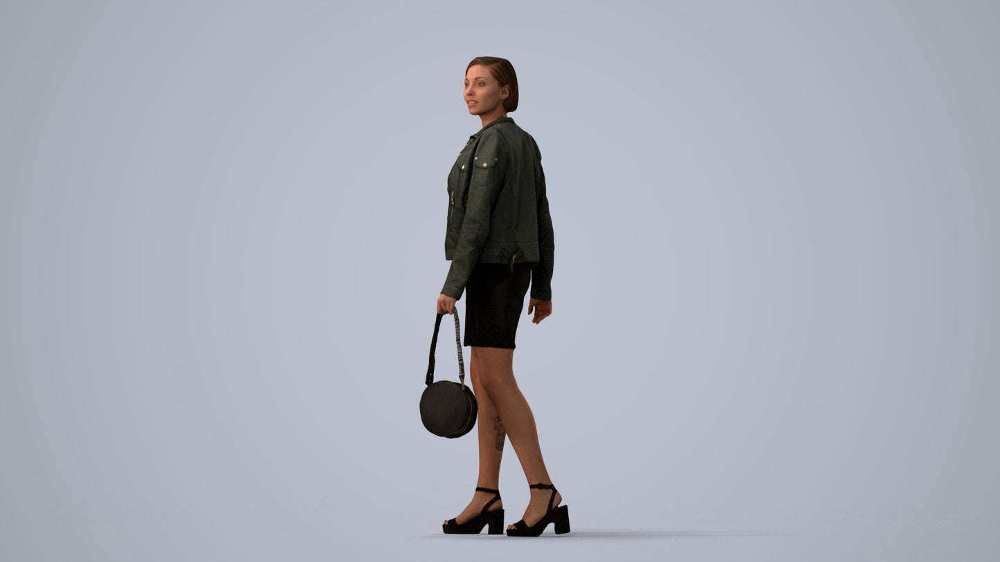 3D scanned woman walking casual, photorealistic archviz people for Enscape and SketchUp, three-quarter view render