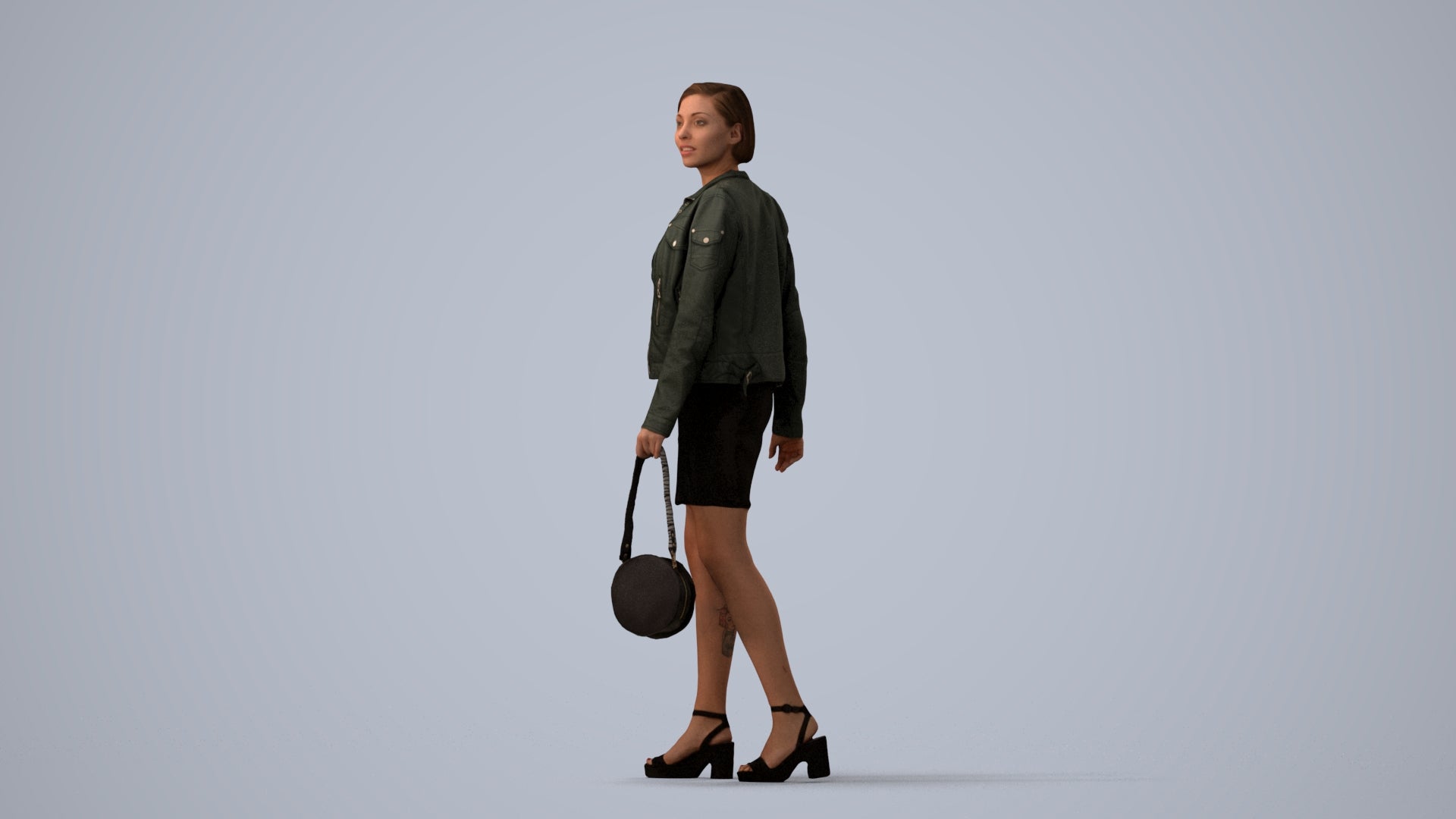 3D scanned woman walking casual, photorealistic archviz people for Enscape and SketchUp, three-quarter view render