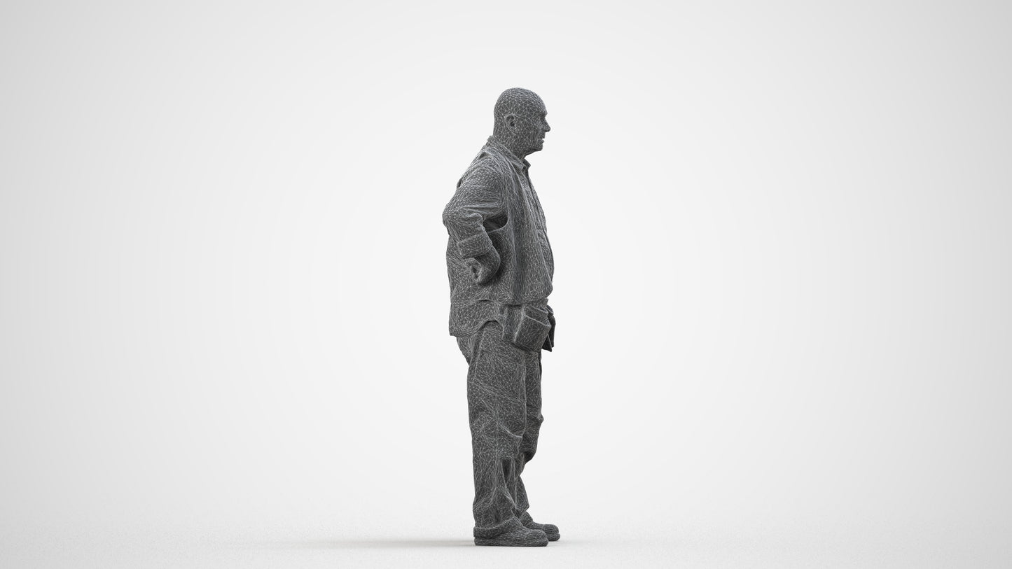 photogrammetry 3D senior man standing, realistic human model archviz FBX, wireframe side view