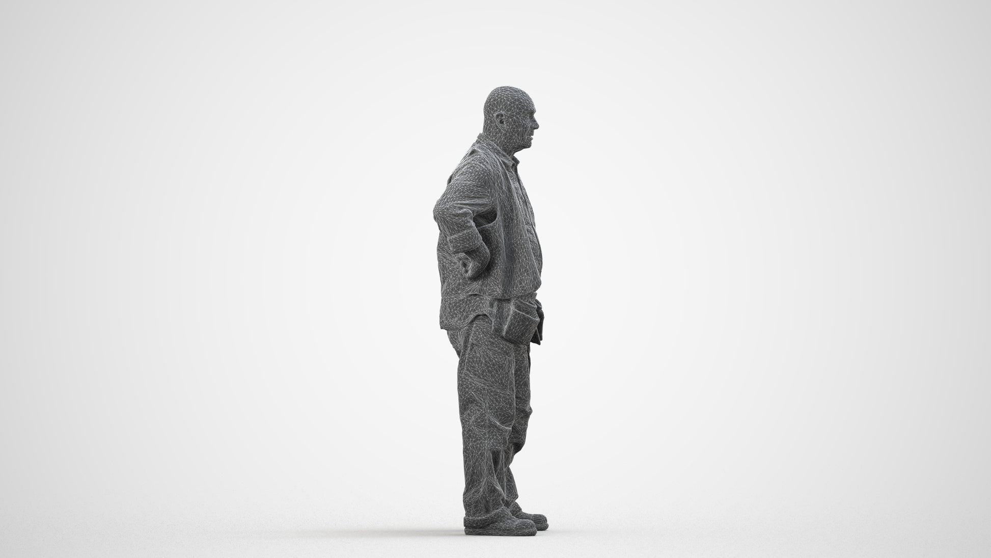 photogrammetry 3D senior man standing, realistic human model archviz FBX, wireframe side view