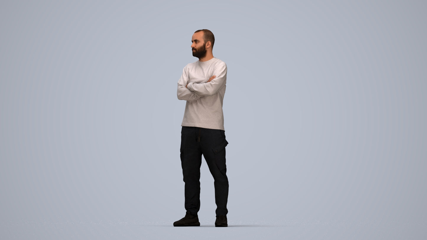 3D human model man casual standing, photogrammetry scanned person for archviz, top-down view render