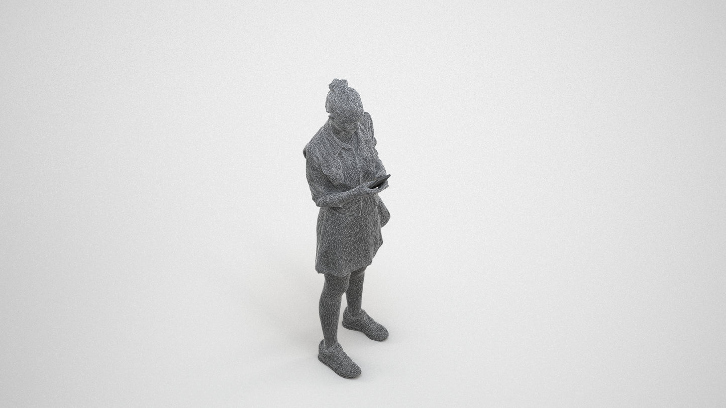 3D human model woman casual standing, photogrammetry scanned person for archviz, wireframe three-quarter view