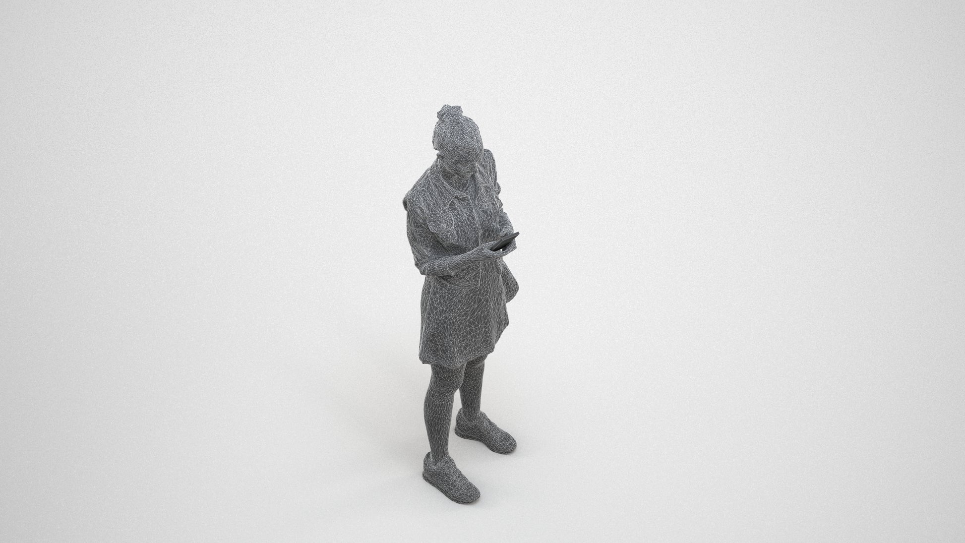 3D human model woman casual standing, photogrammetry scanned person for archviz, wireframe three-quarter view