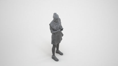 3D human model woman casual standing, photogrammetry scanned person for archviz, wireframe three-quarter view
