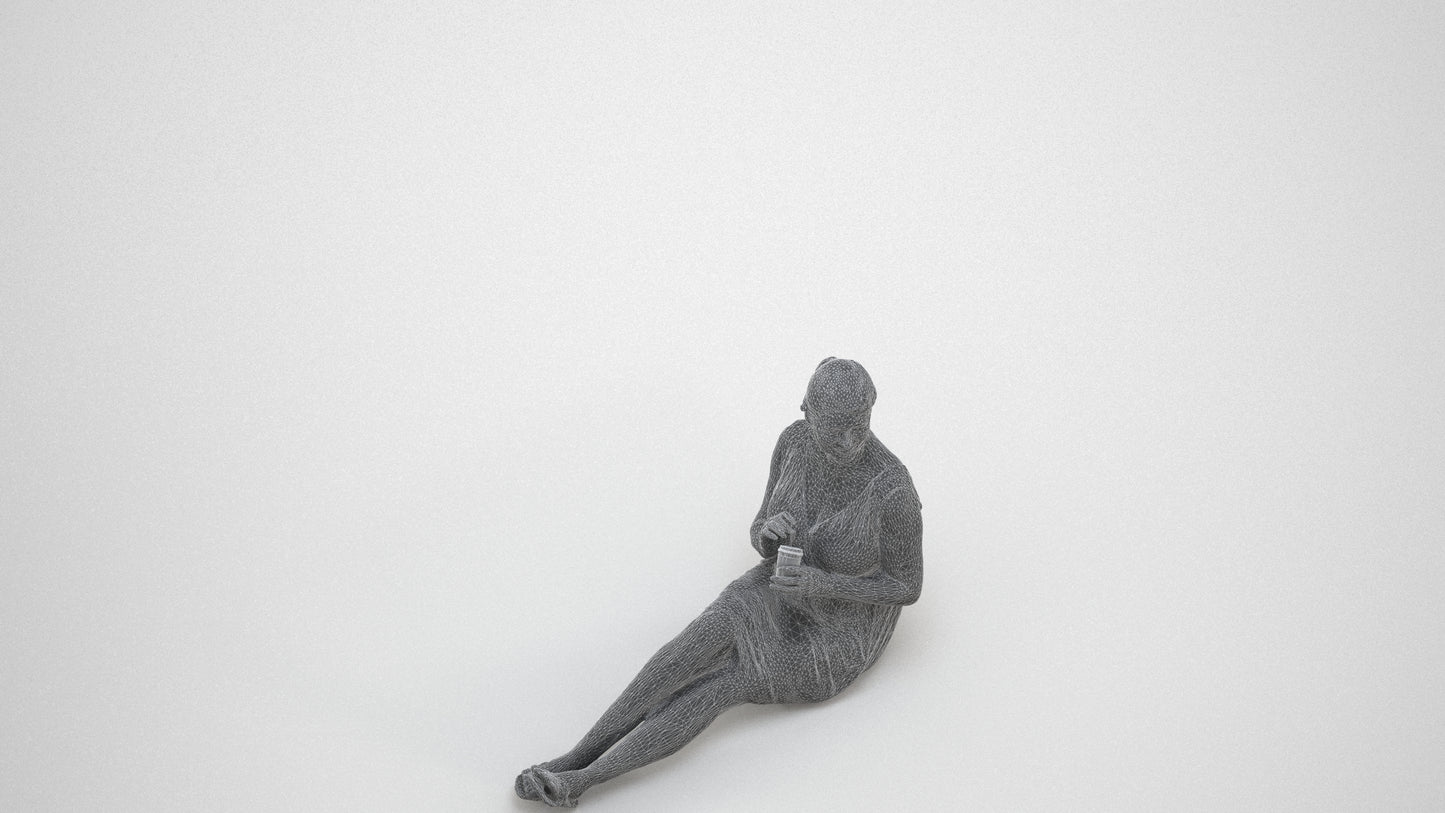 scanned 3D woman casual sitting, photogrammetry people for Enscape and V-Ray, wireframe three-quarter view