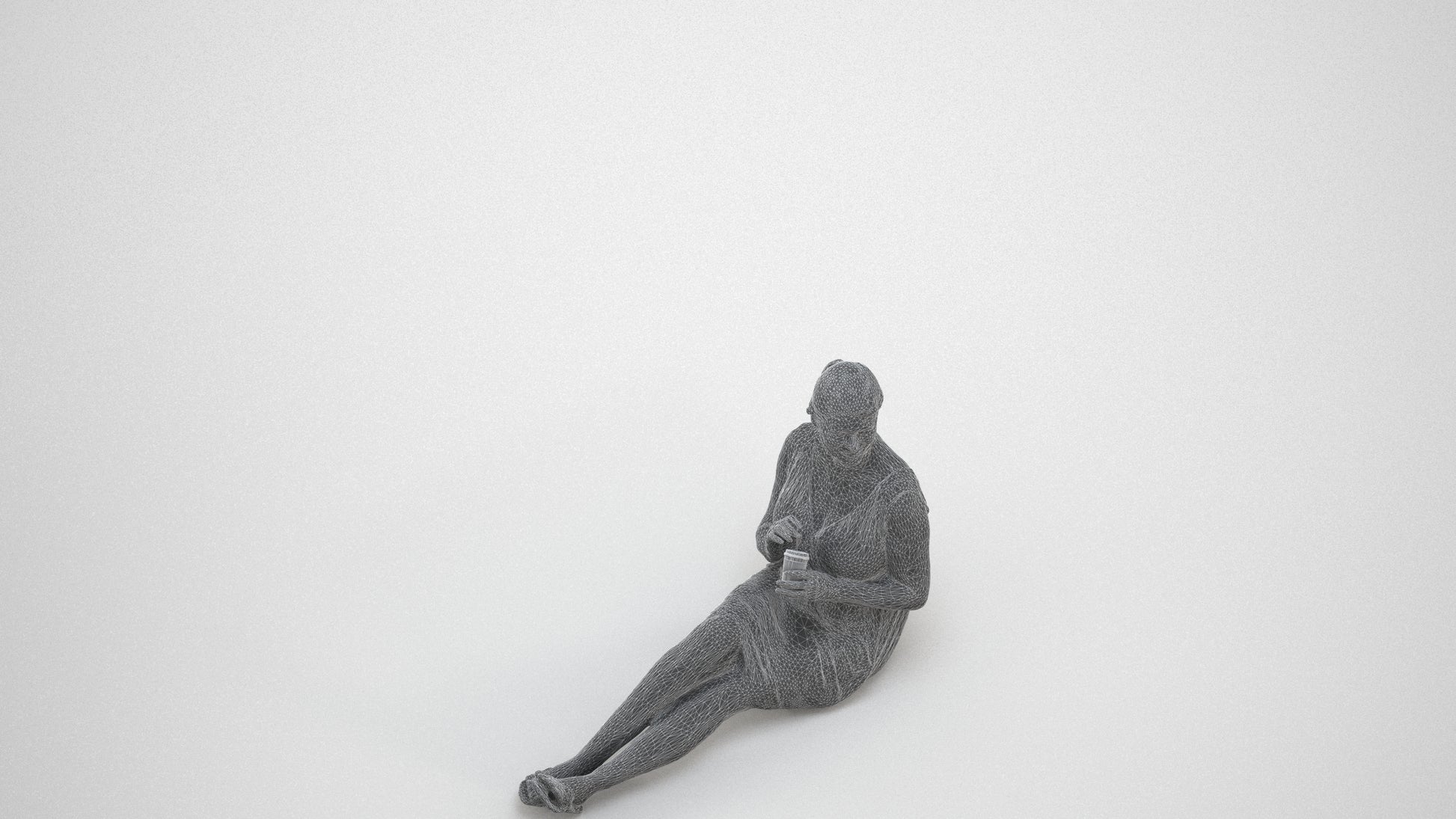 scanned 3D woman casual sitting, photogrammetry people for Enscape and V-Ray, wireframe three-quarter view