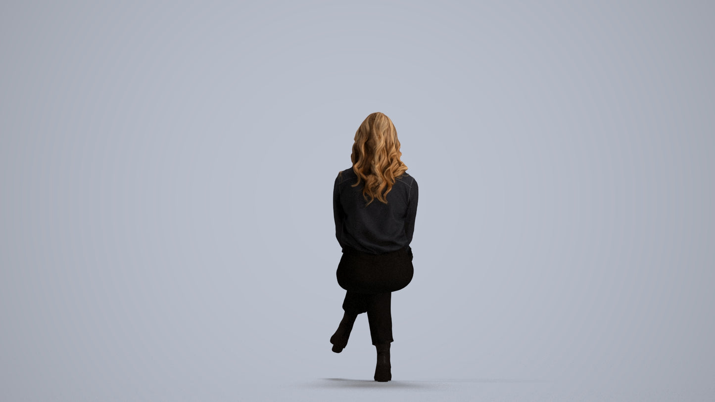 3D human model woman business sitting, photogrammetry scanned person for archviz, front view render