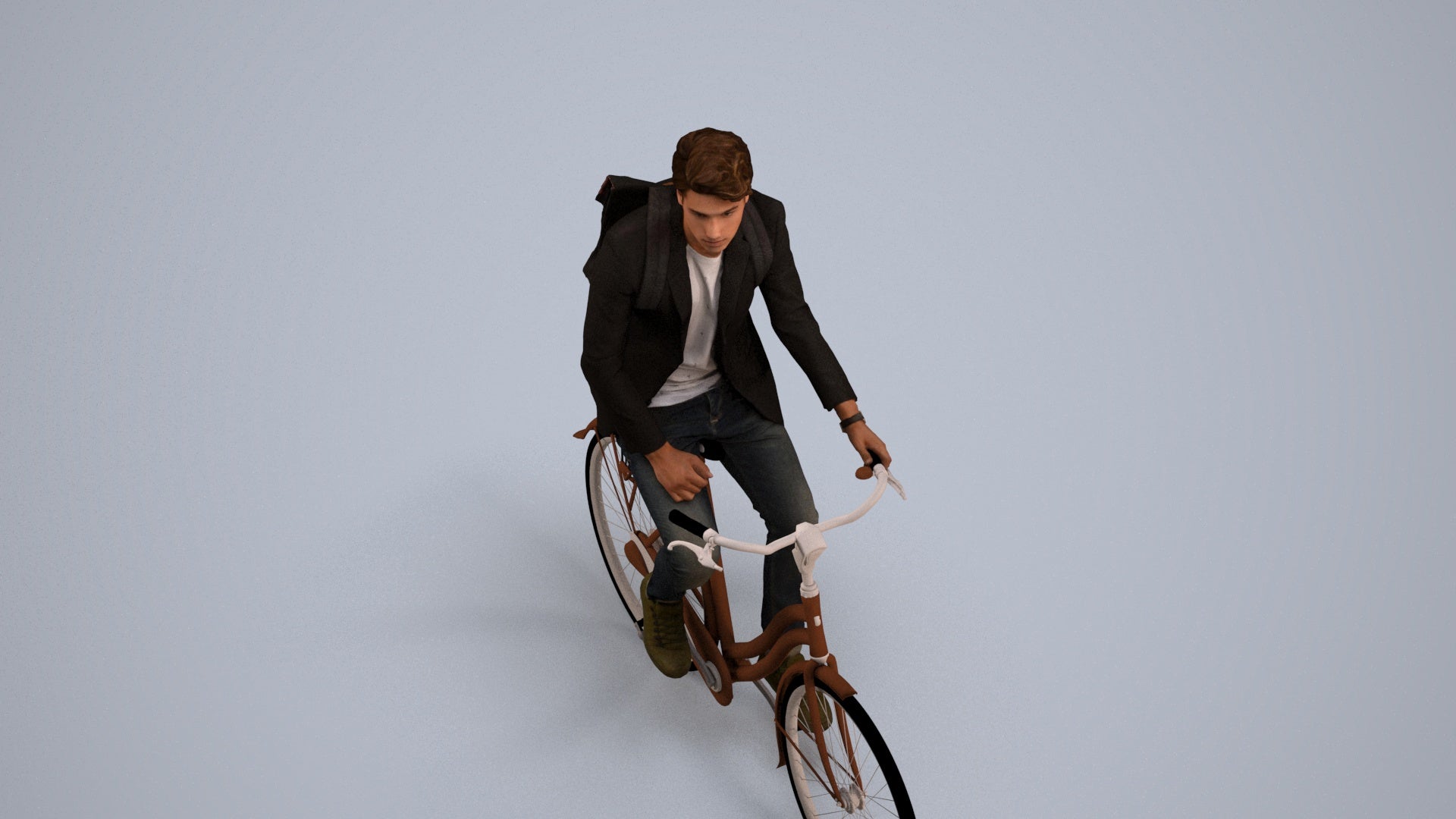 realistic 3D man casual cycling, scanned archviz people for Blender and 3ds Max, back view render