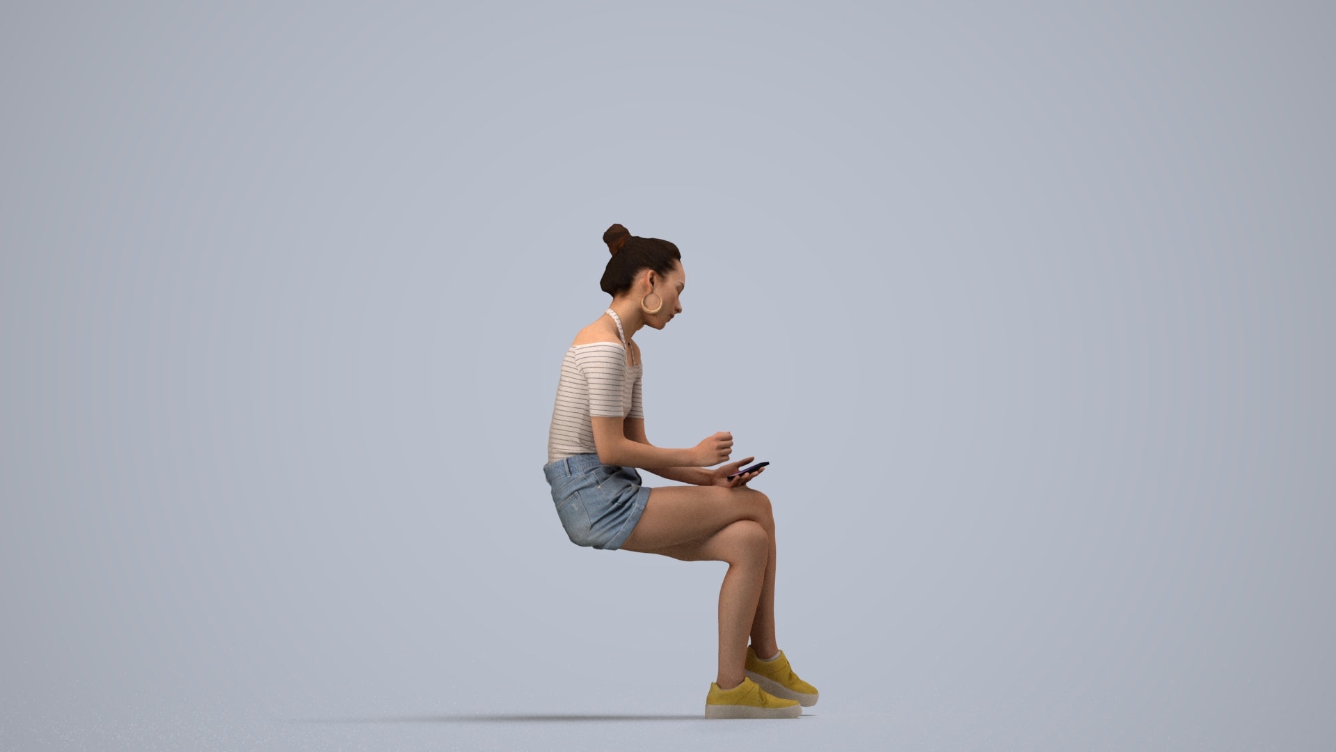 realistic 3D human woman casual sitting, archviz people FBX OBJ for Blender, side view render