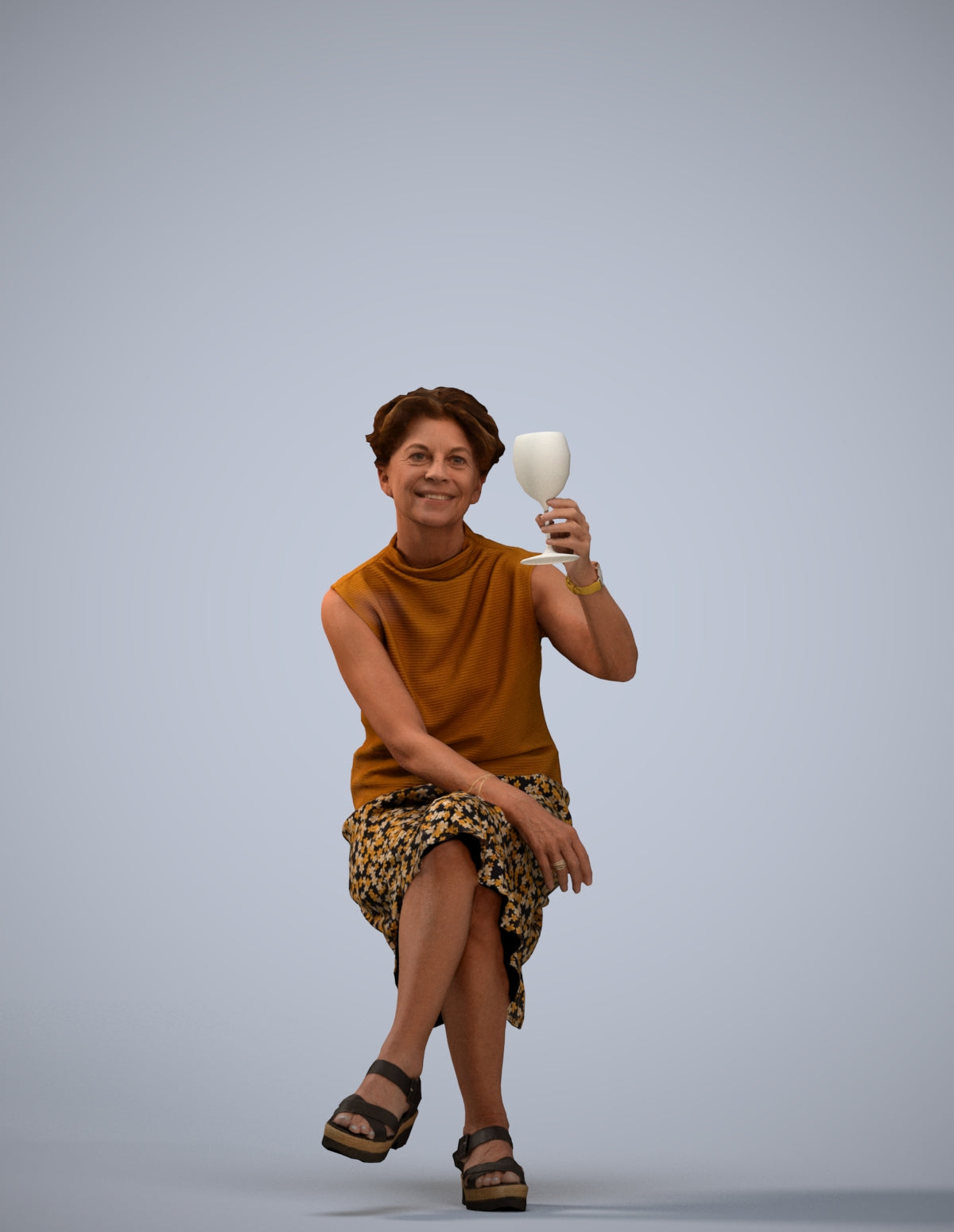 3D scanned woman sitting casual, photorealistic archviz people for Enscape and SketchUp