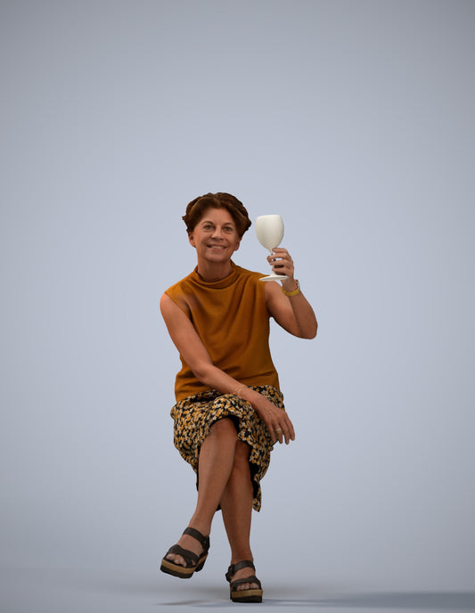3D scanned woman sitting casual, photorealistic archviz people for Enscape and SketchUp